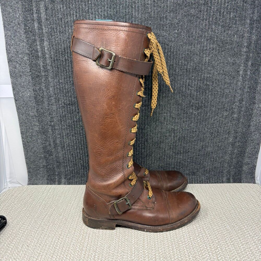 Frye Jenna Cap Toe Tall Knee High Lace Up Boots Riding Brown Leather Women’s 8 B